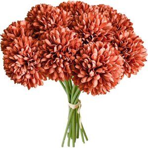 Burnt Orange Artificial Ball Chrysanthemum 12 Stems Faux Flowers with Stems
